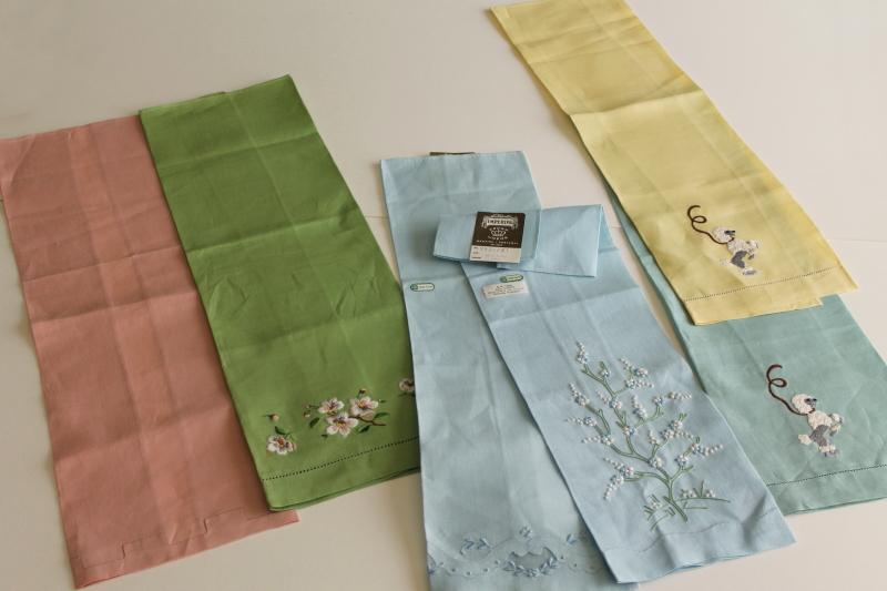 photo of vintage Irish linen guest towels, pastel colors w/ Madeira embroidery original labels #1