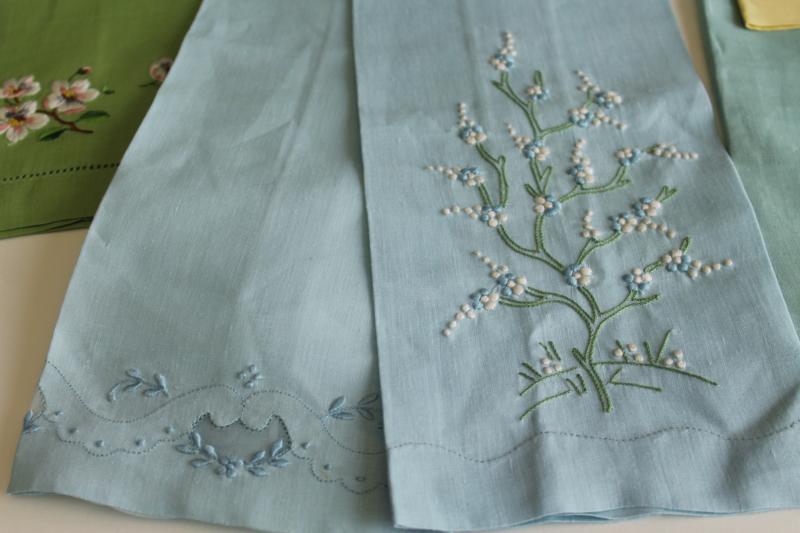photo of vintage Irish linen guest towels, pastel colors w/ Madeira embroidery original labels #4