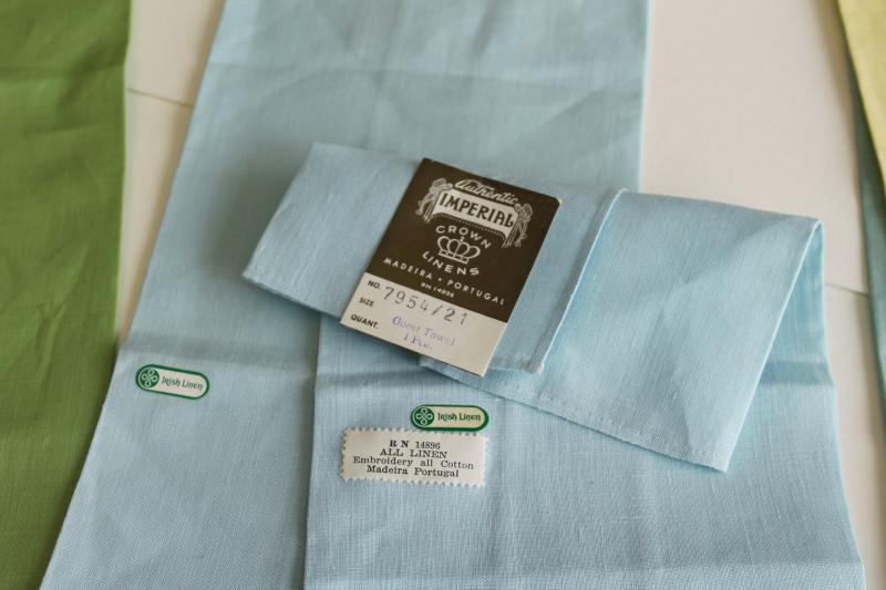 photo of vintage Irish linen guest towels, pastel colors w/ Madeira embroidery original labels #5