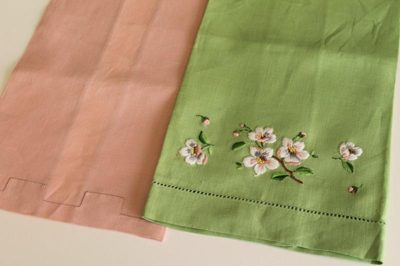 photo of vintage Irish linen guest towels, pastel colors w/ Madeira embroidery original labels #7