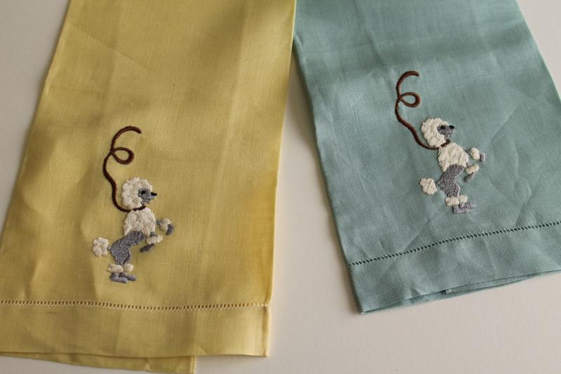 photo of vintage Irish linen guest towels, pastel colors w/ Madeira embroidery original labels #10