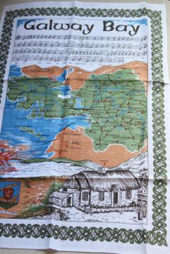 catalog photo of vintage Irish linen tea towel, Galway Bay lyrics print, souvenir of Ireland