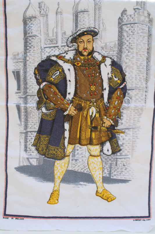 photo of vintage Irish linen tea towel, Henry VIII of England print souvenir towel made in Ireland #1