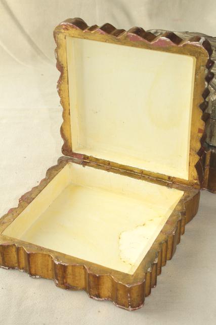 photo of vintage Italian Florentine carved wood boxes w/ shabby old gold distressed antique finish #3