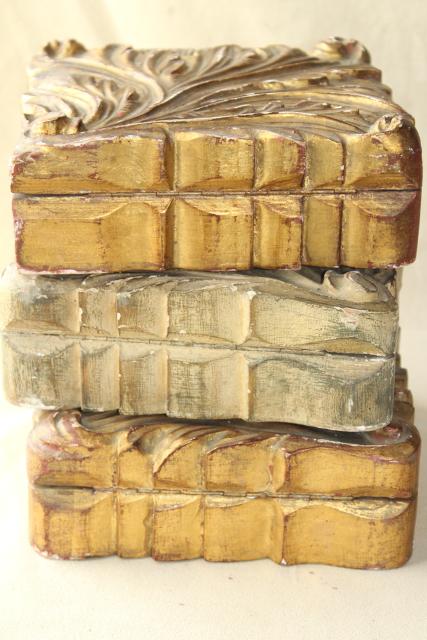 photo of vintage Italian Florentine carved wood boxes w/ shabby old gold distressed antique finish #4