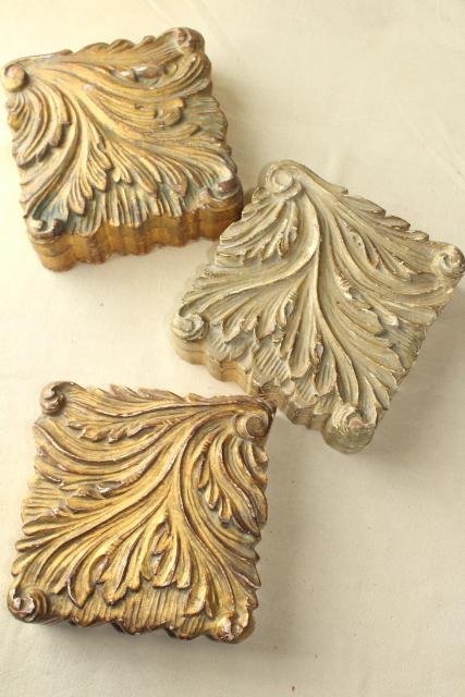 photo of vintage Italian Florentine carved wood boxes w/ shabby old gold distressed antique finish #7