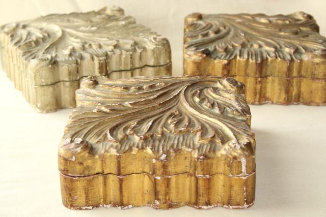 photo of vintage Italian Florentine carved wood boxes w/ shabby old gold distressed antique finish #10