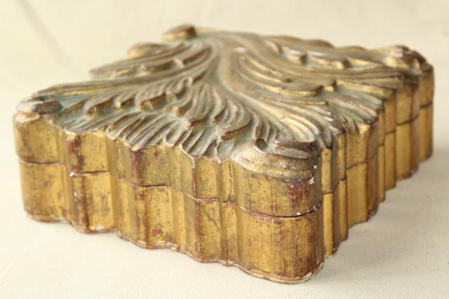 photo of vintage Italian Florentine carved wood boxes w/ shabby old gold distressed antique finish #11