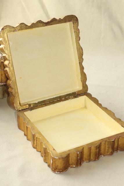 photo of vintage Italian Florentine carved wood boxes w/ shabby old gold distressed antique finish #12