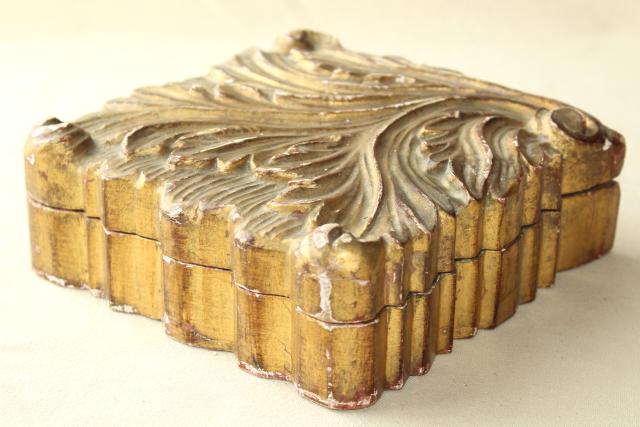 photo of vintage Italian Florentine carved wood boxes w/ shabby old gold distressed antique finish #17