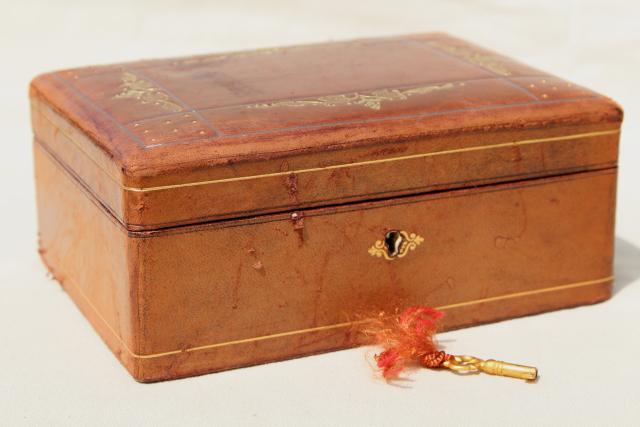 photo of vintage Italian Florentine leather jewelry box w/ key, beautiful old patina #1