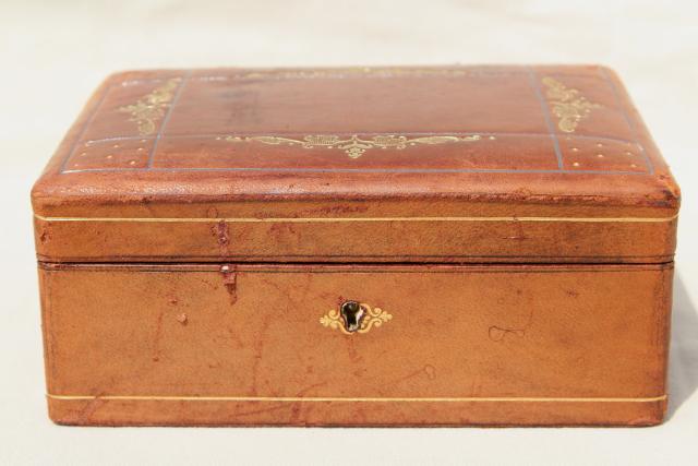 photo of vintage Italian Florentine leather jewelry box w/ key, beautiful old patina #6