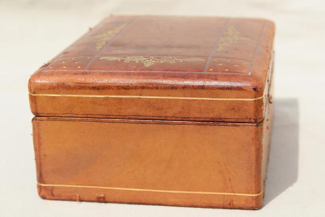 photo of vintage Italian Florentine leather jewelry box w/ key, beautiful old patina #9