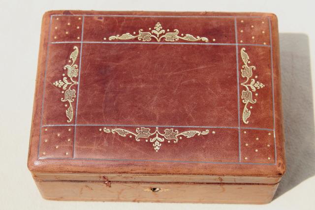 photo of vintage Italian Florentine leather jewelry box w/ key, beautiful old patina #13