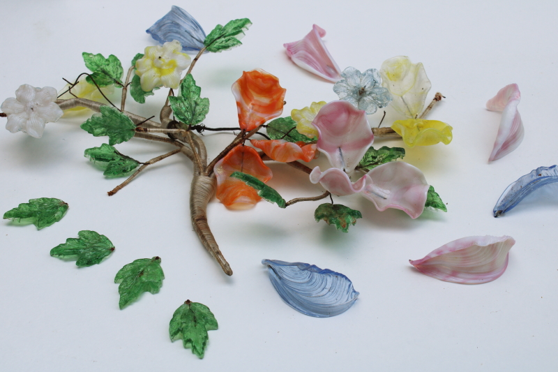 photo of vintage Italian Murano art glass flowers, flower petals and leaves w/ wire stems #1