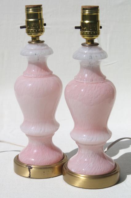 photo of vintage Italian Murano glass lamps, pair boudoir lamps w/ pink & white art glass lamp bases #1