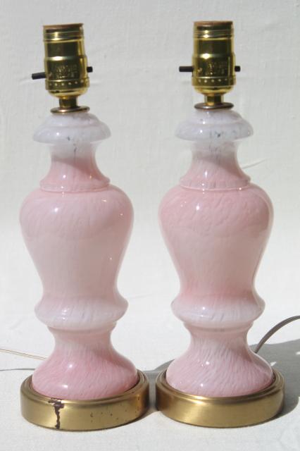 photo of vintage Italian Murano glass lamps, pair boudoir lamps w/ pink & white art glass lamp bases #2