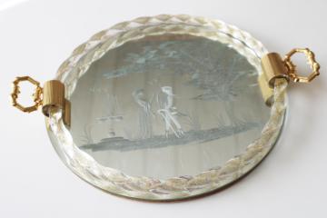 catalog photo of vintage Italian Murano glass tray, etched mirror w/ gold flake glass twist frame