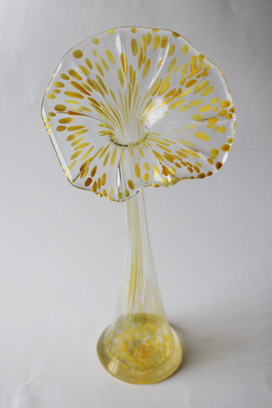 photo of vintage Italian art glass vase, swung shape flower Murero label yellow / clear glass #1