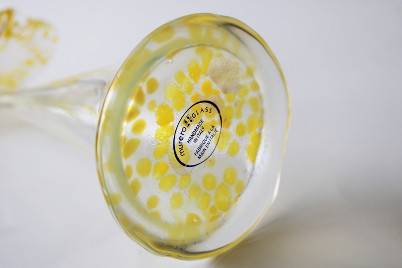 photo of vintage Italian art glass vase, swung shape flower Murero label yellow / clear glass #4