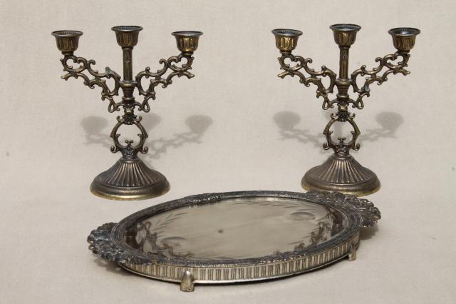 photo of vintage Italian brass candelabra & mirror tray, tiny ornate garniture set w/ candlesticks for small candles #1