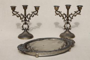 catalog photo of vintage Italian brass candelabra & mirror tray, tiny ornate garniture set w/ candlesticks for small candles