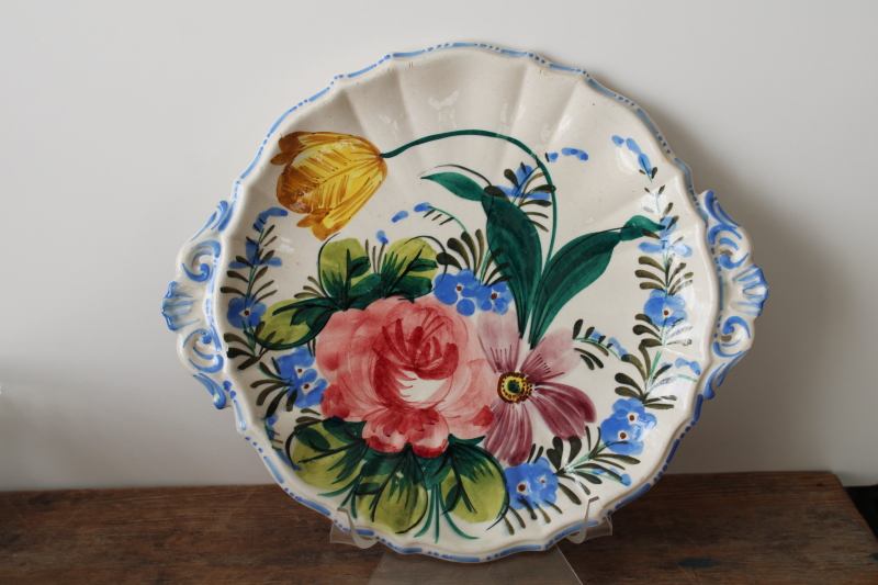 photo of vintage Italian ceramic cake plate or small tray, hand painted flowers in bright spring colors  #1