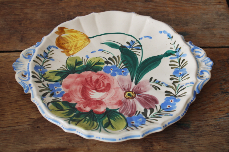 photo of vintage Italian ceramic cake plate or small tray, hand painted flowers in bright spring colors  #2