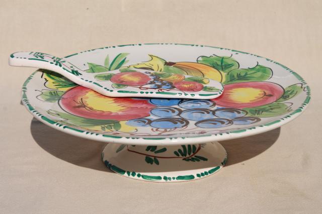 photo of vintage Italian ceramic cake stand & server, hand painted fruit Italy pottery #1