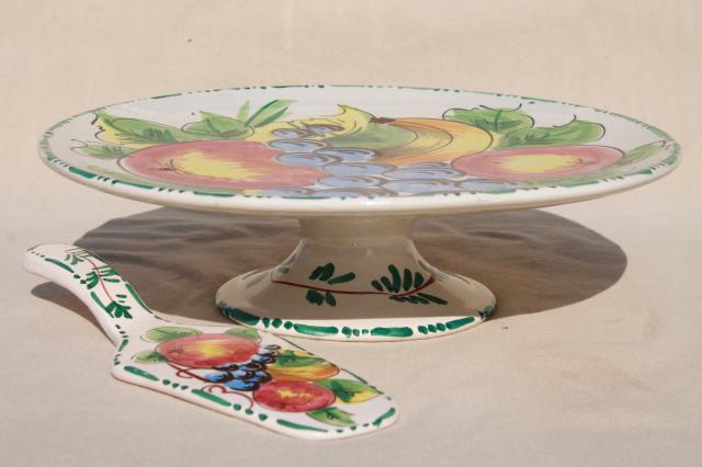 photo of vintage Italian ceramic cake stand & server, hand painted fruit Italy pottery #3