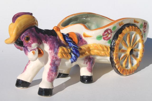 photo of vintage Italian ceramic donkey cart planter pot, hand-painted pottery #1