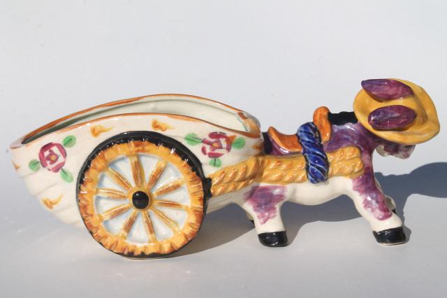 photo of vintage Italian ceramic donkey cart planter pot, hand-painted pottery #4