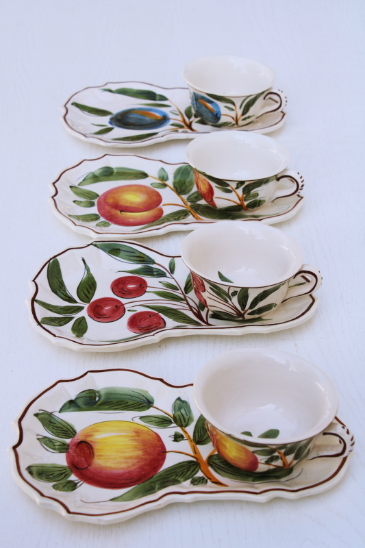 photo of vintage Italian ceramic snack sets w/ hand painted fruit, large mug soup cups w/ tray plates #1