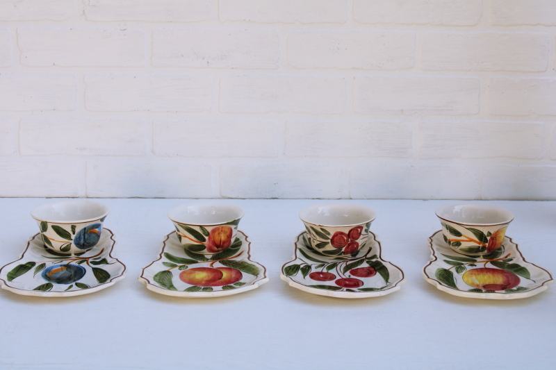 photo of vintage Italian ceramic snack sets w/ hand painted fruit, large mug soup cups w/ tray plates #2