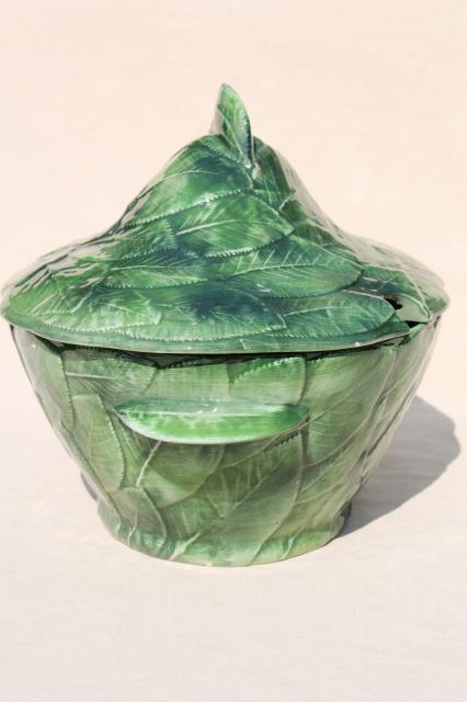 photo of vintage Italian ceramic soup tureen covered bowl, majolica style rose leaf hand painted Italy #5