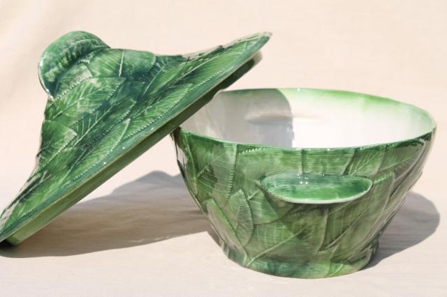 photo of vintage Italian ceramic soup tureen covered bowl, majolica style rose leaf hand painted Italy #7