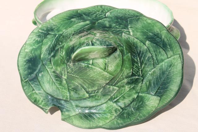 photo of vintage Italian ceramic soup tureen covered bowl, majolica style rose leaf hand painted Italy #9