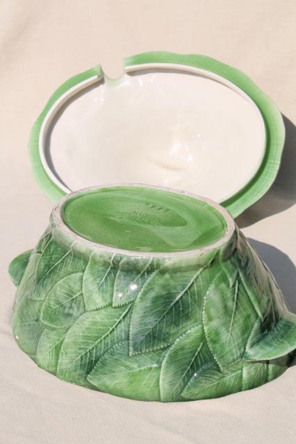 photo of vintage Italian ceramic soup tureen covered bowl, majolica style rose leaf hand painted Italy #10