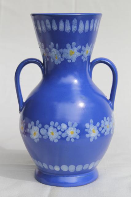 photo of vintage Italian ceramic vase, daisies on blue hand-painted pottery made in Italy #1
