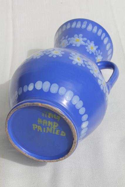 photo of vintage Italian ceramic vase, daisies on blue hand-painted pottery made in Italy #4