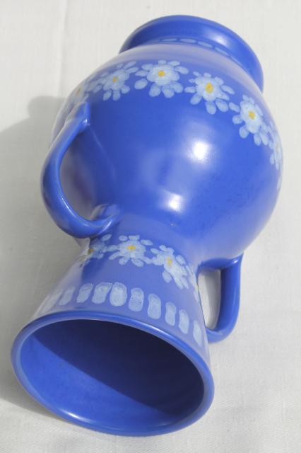 photo of vintage Italian ceramic vase, daisies on blue hand-painted pottery made in Italy #5