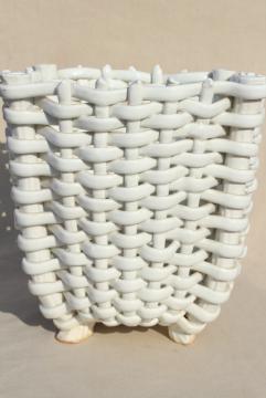 catalog photo of vintage Italian ceramic wastebasket, glossy white basketweave trash can or plant holder