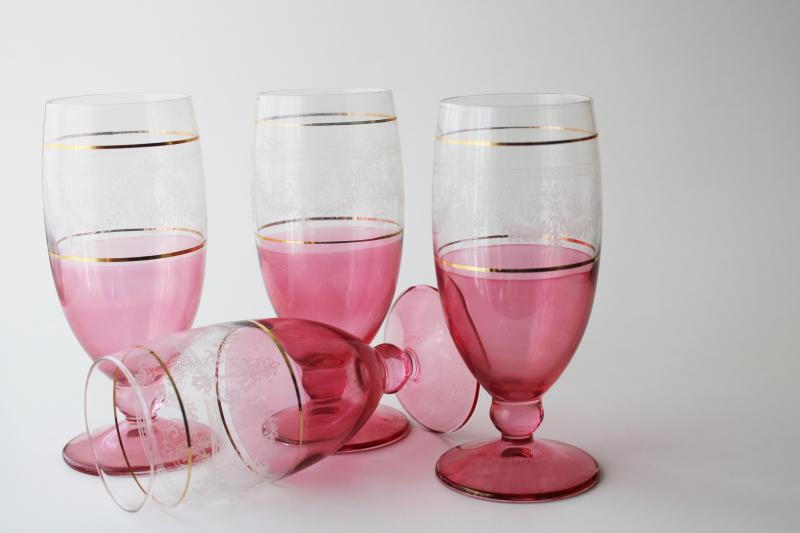 photo of vintage Italian glass stemware, wine or water glasses w/ ruby rose stain color & gold #4