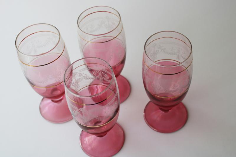photo of vintage Italian glass stemware, wine or water glasses w/ ruby rose stain color & gold #5