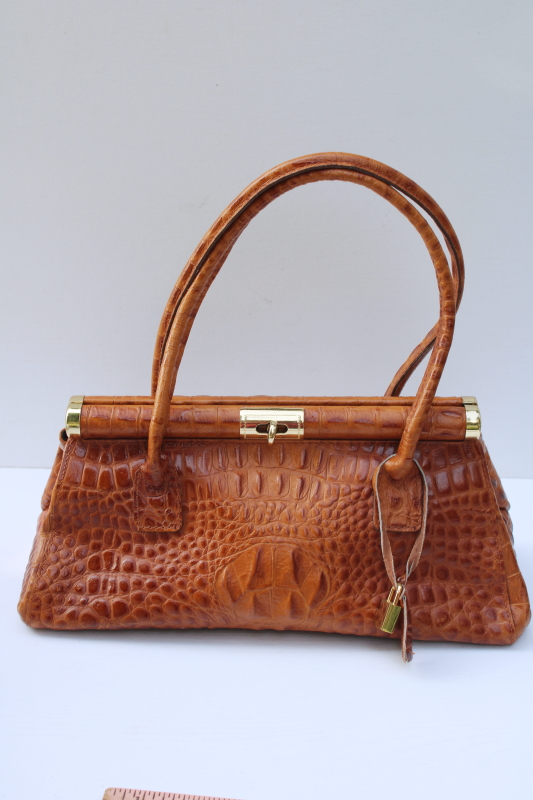 photo of vintage Italian leather handbag, alligator textured leather light brown tan purse made in Italy #1