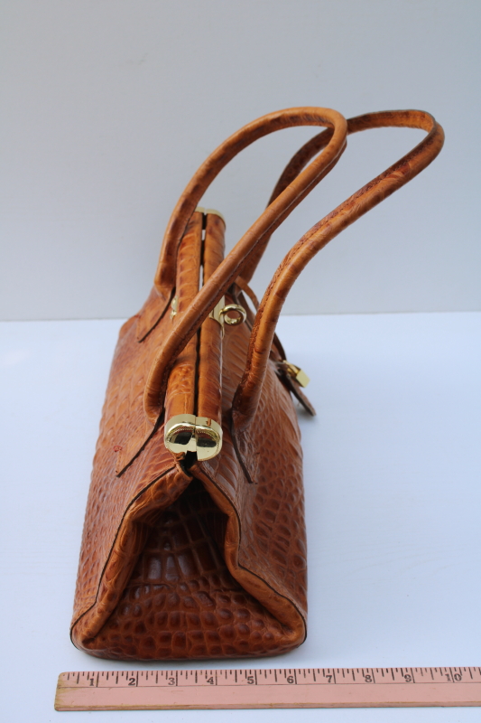 photo of vintage Italian leather handbag, alligator textured leather light brown tan purse made in Italy  #3