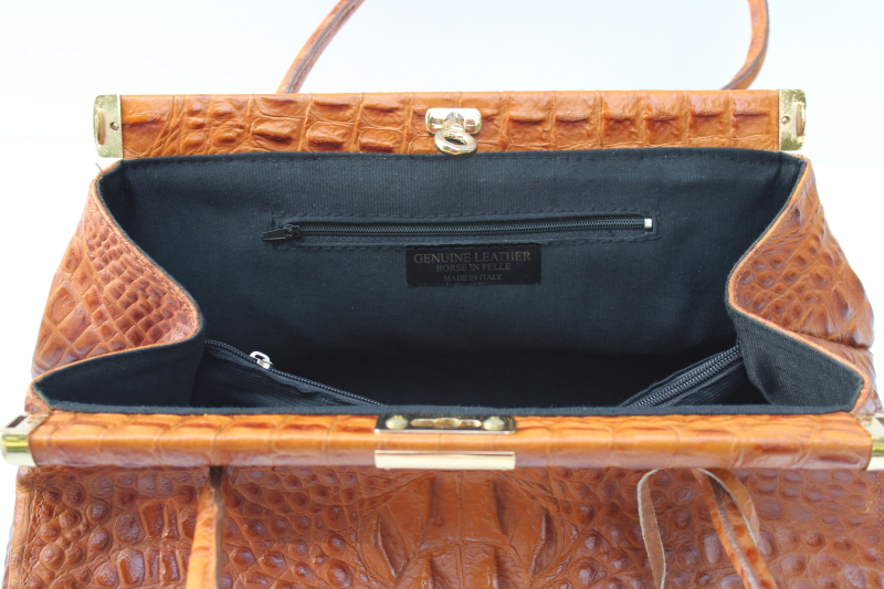photo of vintage Italian leather handbag, alligator textured leather light brown tan purse made in Italy  #5