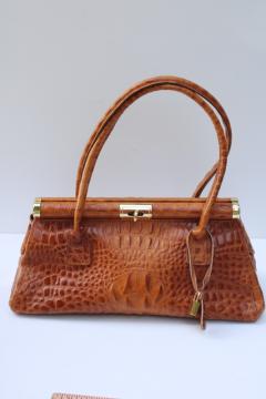 catalog photo of vintage Italian leather handbag, alligator textured leather light brown tan purse made in Italy 