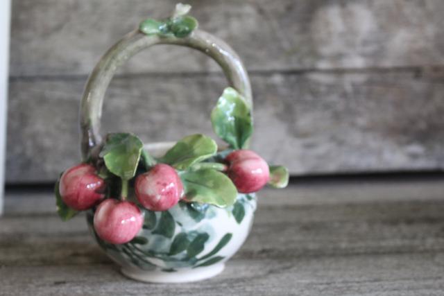 photo of vintage Italian majolica pottery basket w/ cherries, Capodimonte style #1