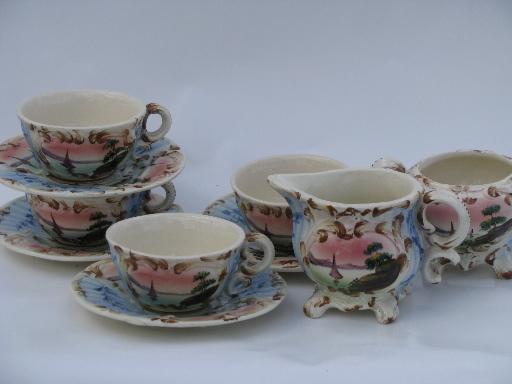 photo of vintage Italian majolica pottery tea cups and saucers, Italy - Deruta? #1